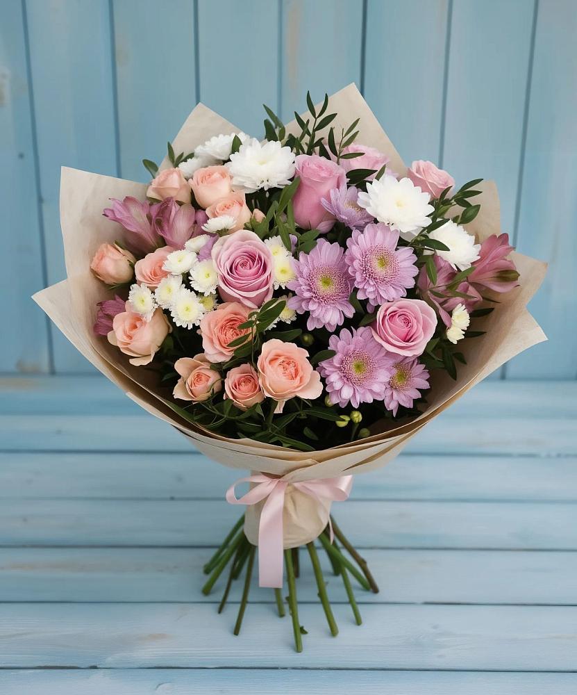 Букет цветов из: Хризантемы, Розы и Альстромерии в Кизляре Республики Северная Осетия-Алания