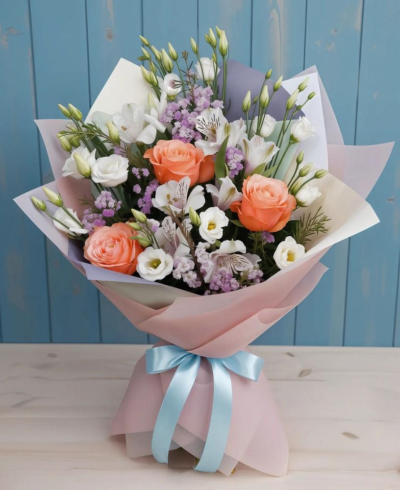 Букет цветов из: Лизиантусы, Розы, Альстромерии и Гипсофила в Кизляре Республики Северная Осетия-Алания