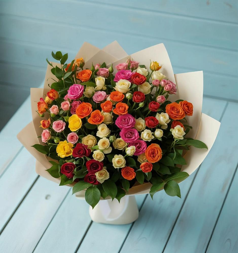 Букет Микс из разноцветных кустовых роз в Кизляре Республики Северная Осетия-Алания