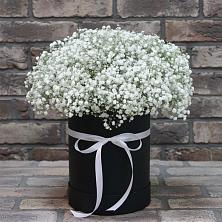 Цветочная композиция из Гипсофила в шляпной коробке в Кизляре Республики Северная Осетия-Алания